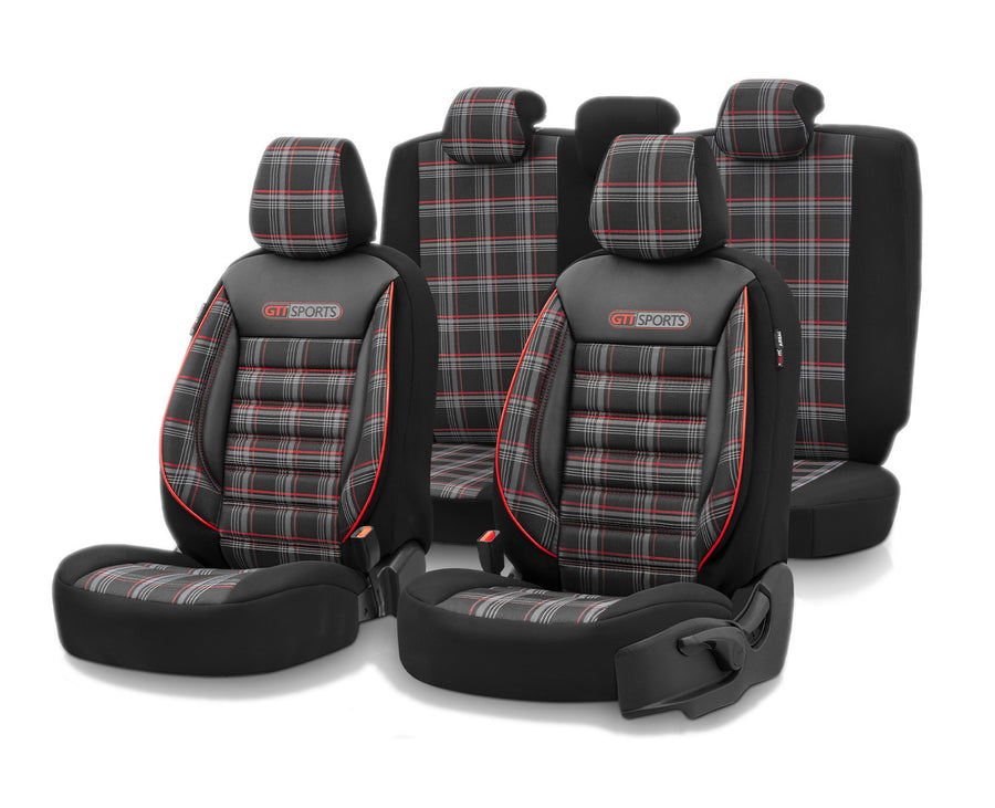 Комплект Луксозна Тапицерия OTOM текстил с еко кожа GTI SPORTS Design – Черна с червен шев, за Предни и Задни Седалки