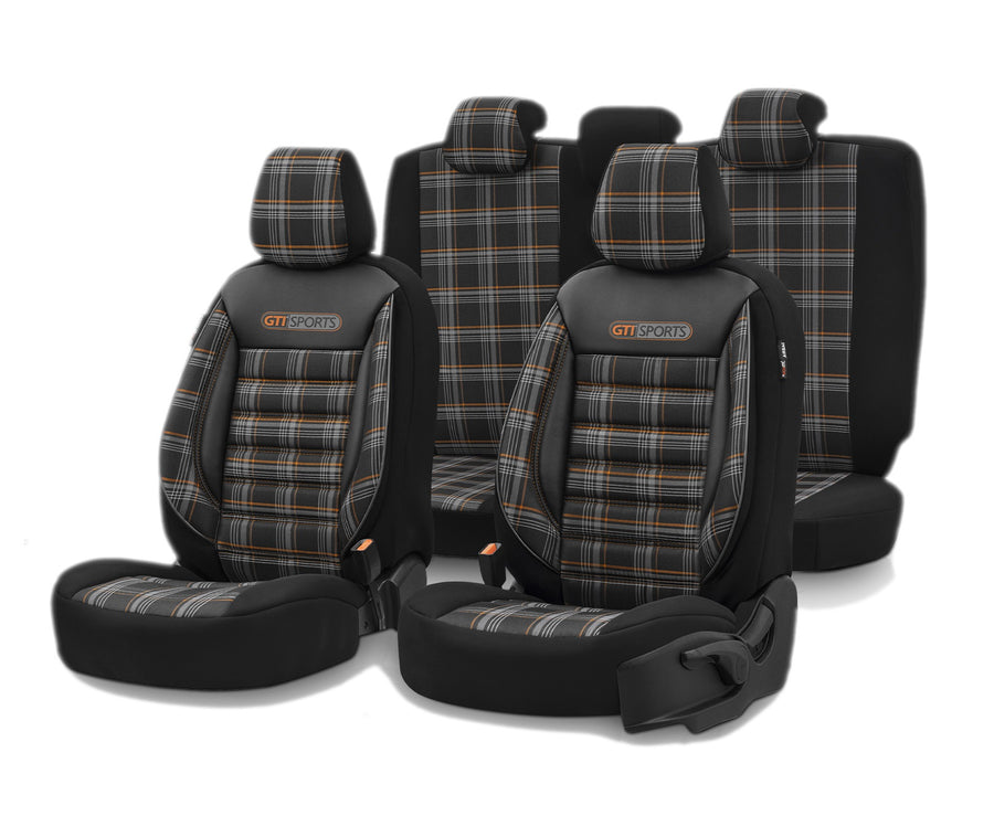 Комплект Луксозна Тапицерия OTOM текстил с еко кожа GTI SPORTS Design – Черна с оранжев шев, за Предни и Задни Седалки