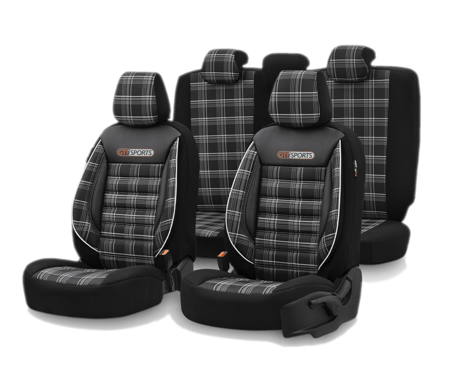 Комплект Луксозна Тапицерия OTOM текстил с еко кожа GTI SPORTS Design – Черна с бял шев, за Предни и Задни Седалки