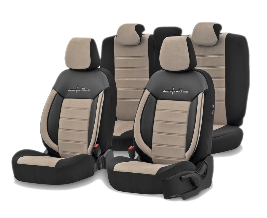 Комплект Луксозна Тапицерия OTOM текстил с еко кожа COMFORT LINE Design – Бежово-Черна с бежов шев, за Предни и Задни Седалки