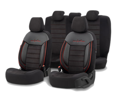 Комплект Луксозна Тапицерия OTOM текстил с еко кожа COMFORT LINE Design – Черна с червен шев, за Предни и Задни Седалки