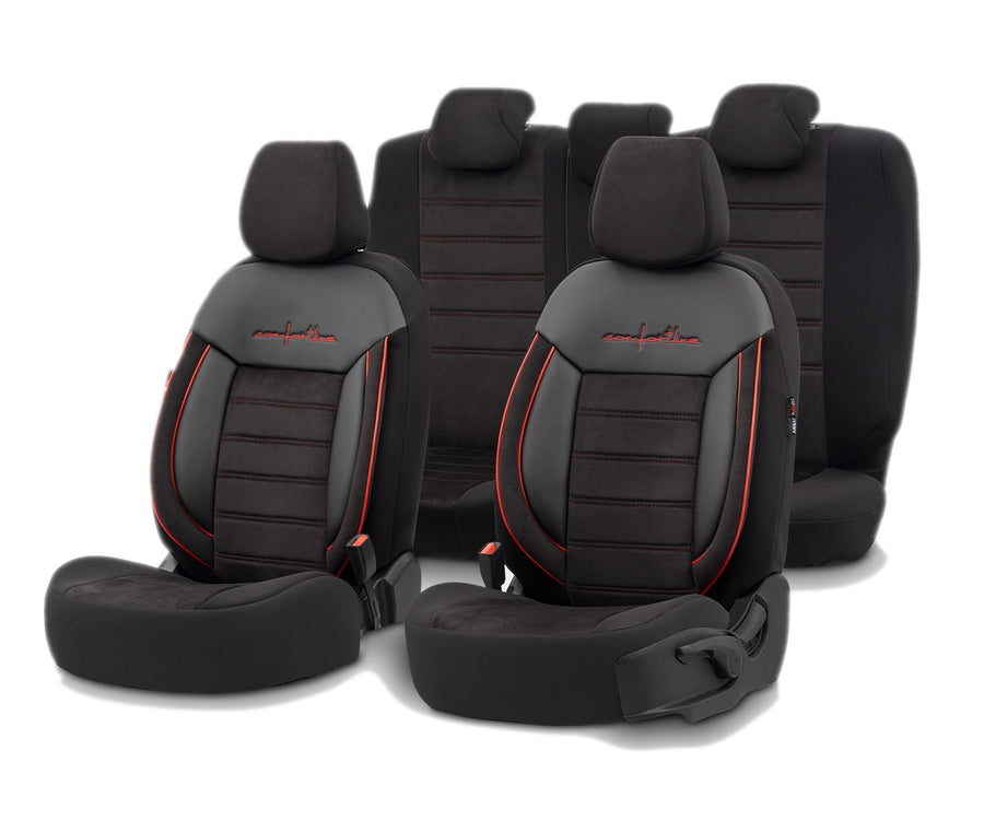 Комплект Луксозна Тапицерия OTOM текстил с еко кожа COMFORT LINE Design – Черна с червен шев, за Предни и Задни Седалки