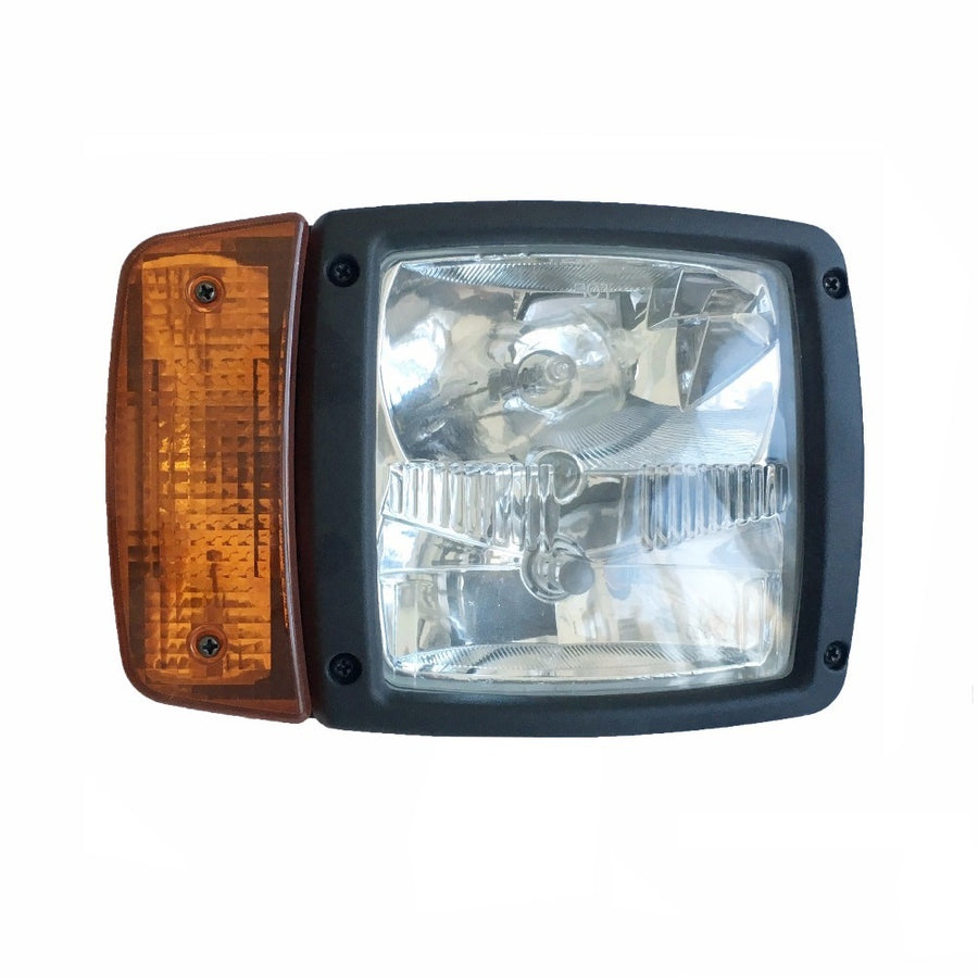 Десен универсален външен фар с мигач - къси / дълги - подходящ за мотокар трактор багер комбайн снегорин и др. - 212mm x 150mm x 125mm