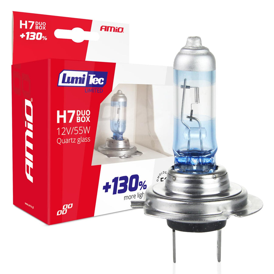 Халогенни Крушки H7 AMiO LumiTec Limited +130%, 12V, 55W, 4300K, E1, Комплект 2 Броя