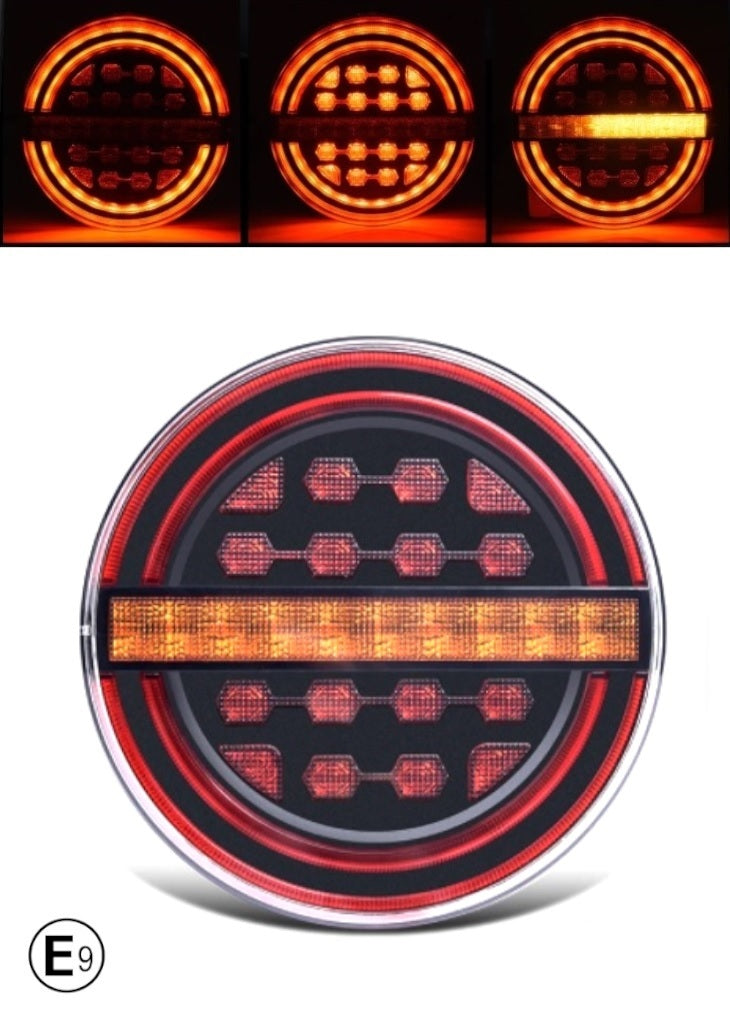 Комплект LED Светодиодни Стопове с Динамичен Бягащ Мигач, Неон Ефект, Кръгли, Тип Хамбургер , Ø13.9см , 3 Функции, Е-Мark, Е9, 12V-24V