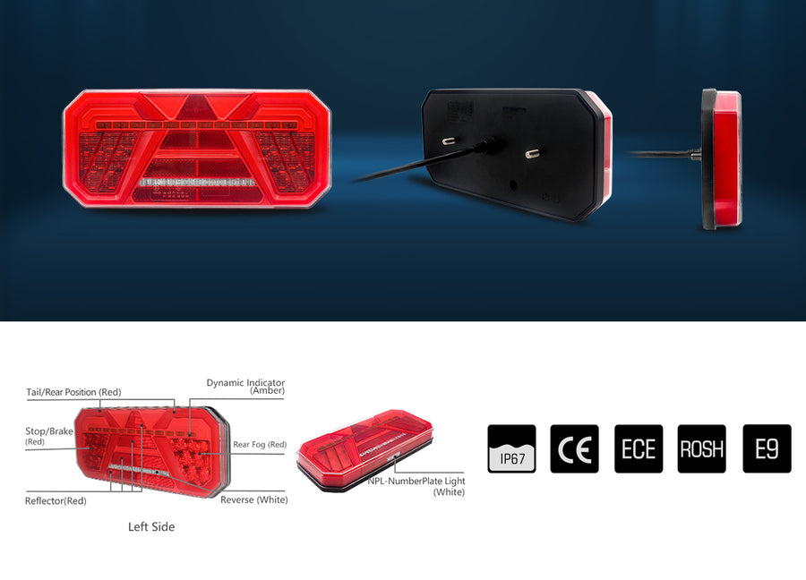 Комплект Ляв + Десен Мултифункционални Диодни LED Лед Стопове с Бягащ Мигач Неон Neon Ефект 12V 24V 305mm X 140mm X 35mm E9 За Бус Камион Тир Ремарке Караванa