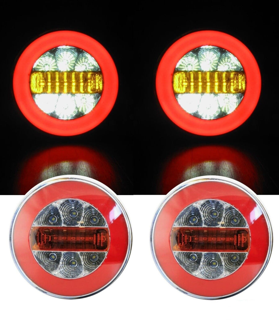 Комплект от 2 броя Кръгли LED светодиодни стопове задна светлина с неон ефект тип хамбургер 12V Ø14 см