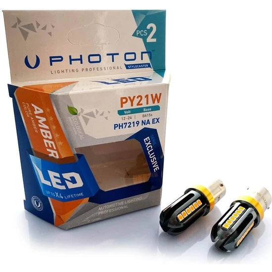 Комплект от 2 броя LED ЛЕД Крушки 24 SMD BA15S (P21W) 12V - 24V жълта / оранжева светлина EXCLUSIVE Photon