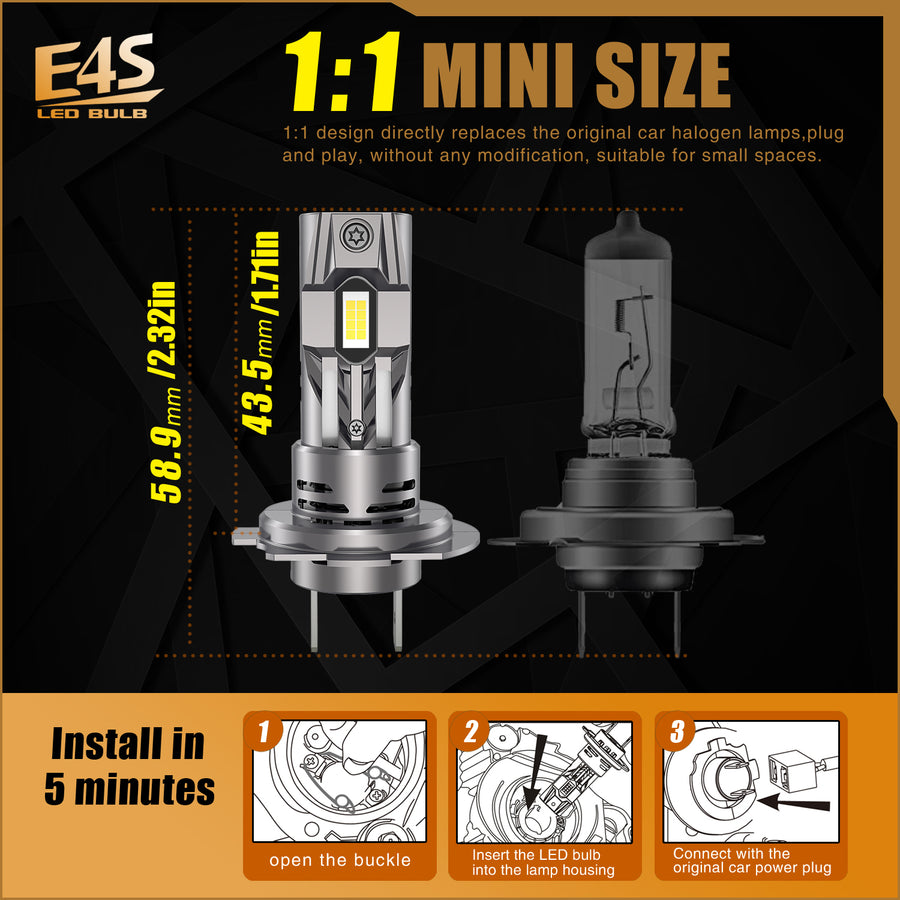 Комплект Умалени Мини LED Крушки E4S H7 H18 12V 50W 15000lm