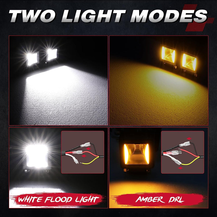 Комплект от 4 броя Лед LED Халогени Лампи с окабеляване Бяла Flood + Оранжева DRL Светлина 12V - 24V за Off Road 4X4 SUV джип мотор автомобил камион градина и др.