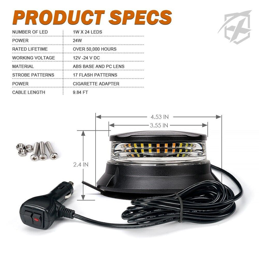LED Аварийна Сигнална Лампа Маяк Буркан, 24W, 17 Режима, E9 E-Mark, IP66, 12V / 24V, Червена Светлина, С Магнит и Вендуза