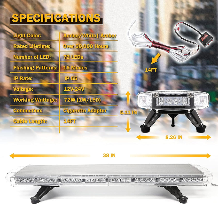 96.5см LED Сигнална лампа 72W, E-Mark E9, 15 Режима, 12V / 24V - Аварийна Лампа, Маяк за Пътна Помощ, Репатрак, Платформа, Снегорин и Багер