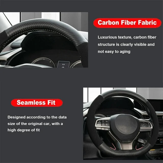 Калъф за волан скосен d-shape от еко кожа и набук универсален черен карбон за автомобил 37-38cm