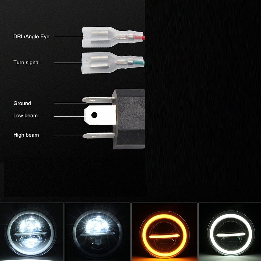 Универсален 7 инча 18см ЛЕД LED фар лампа халоген 12V-24V къси/дълги с DRL дневни светлини мигач бяло-жълто 7500lm за АТВ джип мотоциклет камион трактор и др.