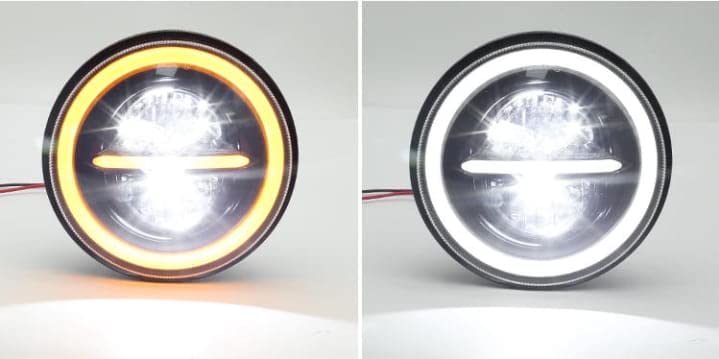 Комплект от 2бр. универсален 7 инча 18см ЛЕД LED фар лампа халоген 12V-24V къси/дълги с DRL дневни светлини мигач бяло-жълто 7500lm за АТВ джип мотоциклет камион трактор и др.
