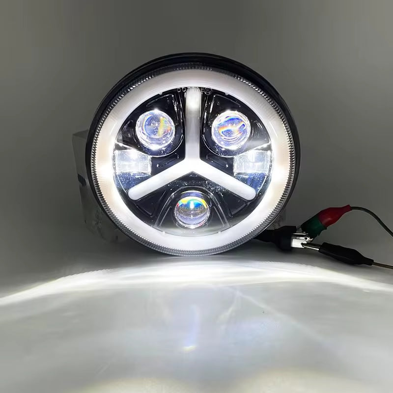 Комплект от 2бр. универсален 7 инча 18см ЛЕД LED фар лампа халоген 12V-24V къси/дълги с DRL дневни светлини мигач бяло-жълто 7000lm за АТВ джип мотоциклет камион трактор и др.