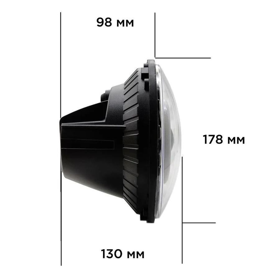 Универсален 7 инча 18см ЛЕД LED фар лампа халоген 12V-24V къси/дълги с DRL дневни светлини мигач бяло-жълто за АТВ джип мотоциклет камион трактор и др.