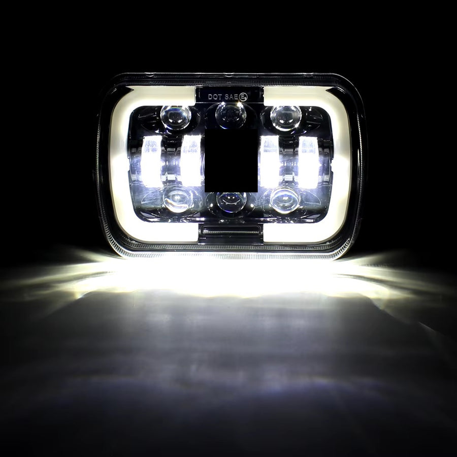 Комплект от 2бр. универсалeн 5x7 инча ЛЕД LED фар лампа халоген 12V-24V къси/дълги с DRL дневни светлини мигач бяло-жълто 9600lm за АТВ джип камион трактор и др.
