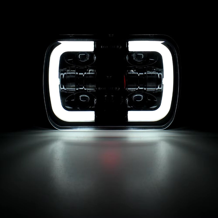 Комплект от 2бр. универсалeн 5x7 инча ЛЕД LED фар лампа халоген 12V-24V къси/дълги с DRL дневни светлини мигач бяло-жълто 9600lm за АТВ джип камион трактор и др.