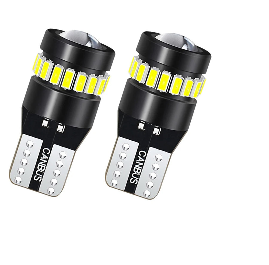 Комплект от 2 броя LED Лед Диодни Крушки За Габарит T10 W5W – 3030 + 3014 SMD, студено бяла светлина 6000K, 12–24V, CANBUS без грешки