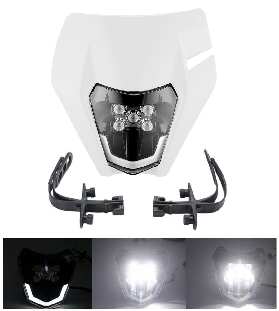 Маска с LED Фар за мотор, мотоциклет Бяла с къси и дълги светлини - Универсален модел за ENDURO / Trail / Streetfighter