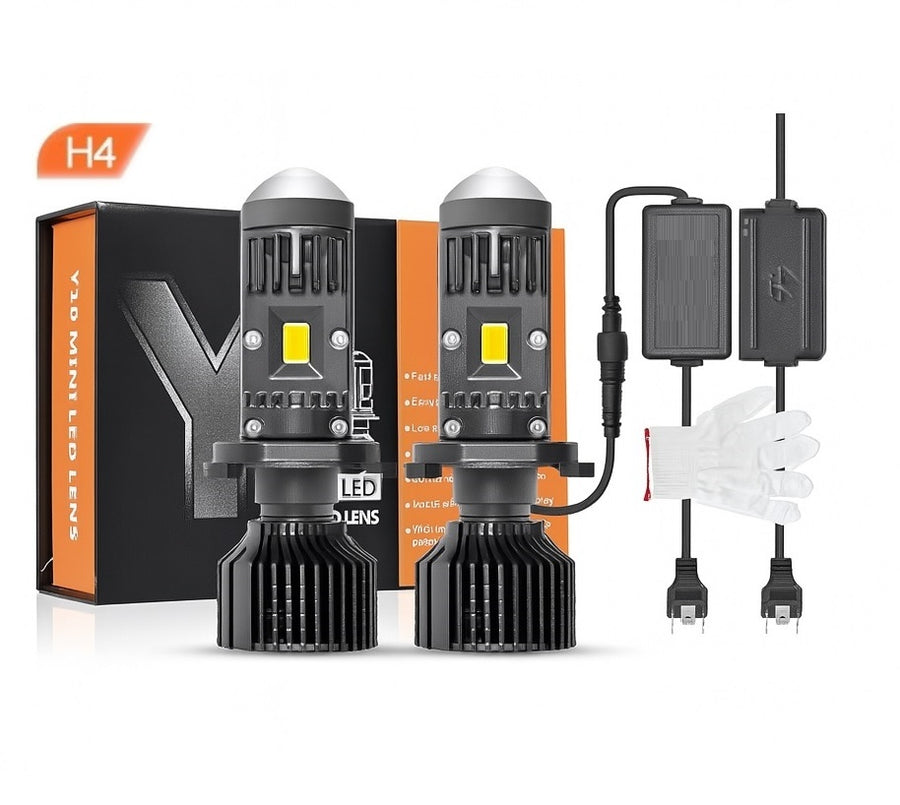 Комплект LED крушки с лупа, Y10 H4, 200%, 60W 6400LM, 6000K, 360° Canbus без грешки – 12V