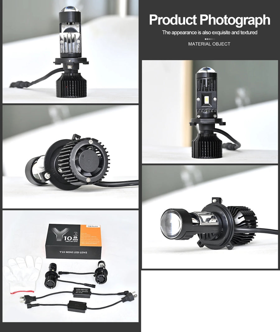 Комплект LED крушки с лупа, Y10 H4, 200%, 60W 6400LM, 6000K, 360° Canbus без грешки – 12V