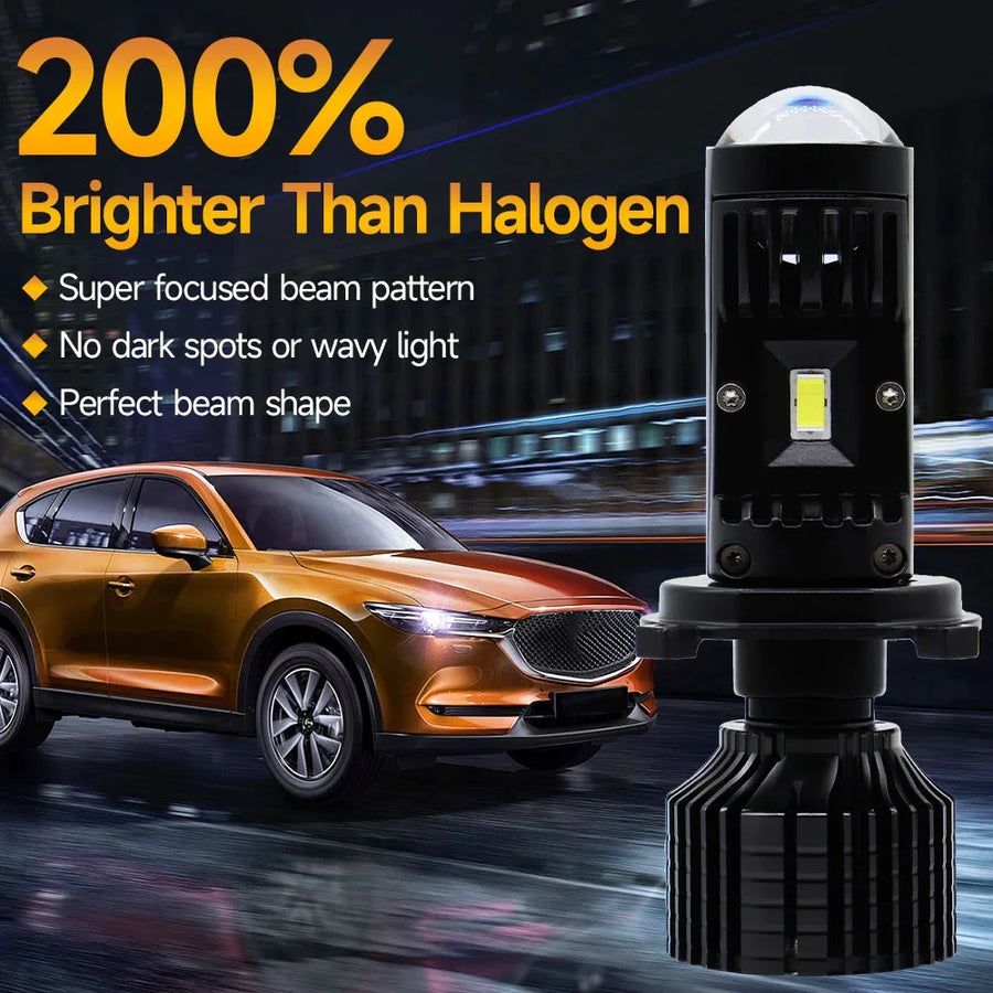 Комплект LED крушки с лупа, Y10 H4, 200%, 60W 6400LM, 6000K, 360° Canbus без грешки – 12V