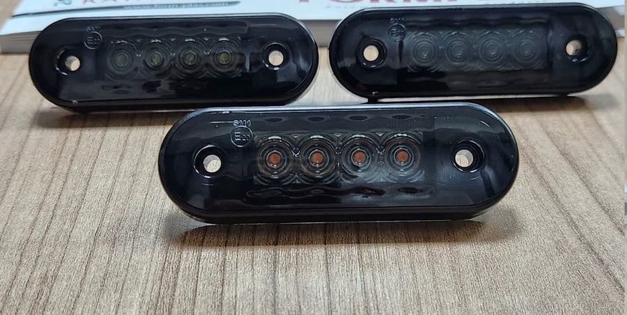 Опушен LED габарит, маркер, токос, Оранжев, 4 диода, 12V-24V - с извит гръб за монтаж на Ролбар, Булбар