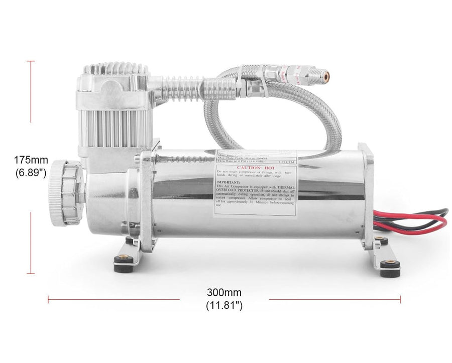Преносим авто въздушен компресор 12V, 300 PSI, дебит 1.8 CFM, с метален маркуч - за пневматично окачване, офроуд, клаксони и въздушни системи