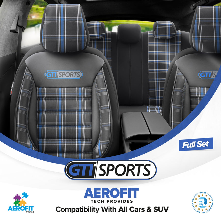 Комплект Луксозна Тапицерия OTOM текстил с еко кожа GTI SPORTS Design – Черна със син шев, за Предни и Задни Седалки