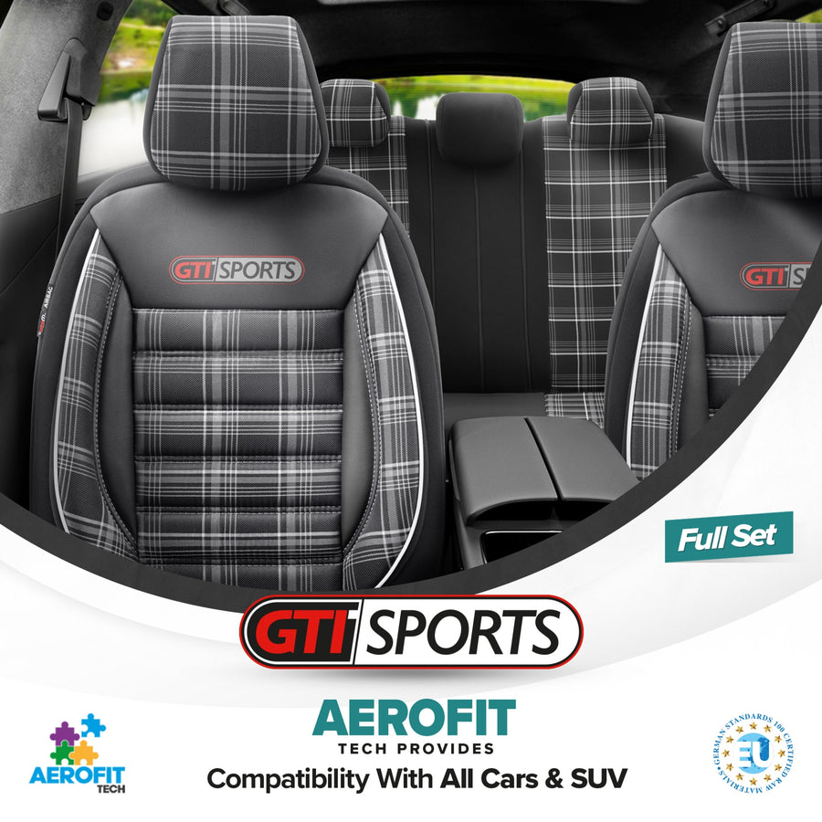 Комплект Луксозна Тапицерия OTOM текстил с еко кожа GTI SPORTS Design – Черна с бял шев, за Предни и Задни Седалки