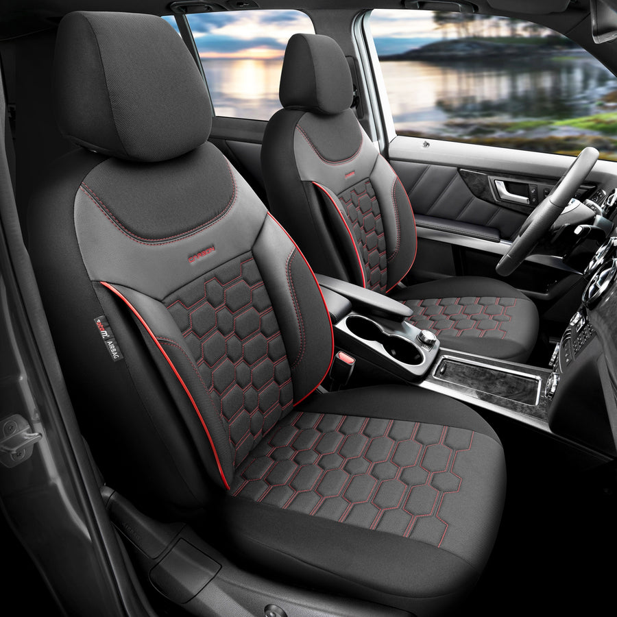 Комплект Луксозна Тапицерия OTOM текстил с еко кожа CARBON Design – Черна с червен шев, за Предни и Задни Седалки