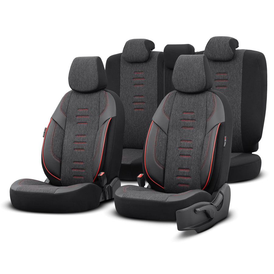 Комплект Луксозна Тапицерия OTOM текстил с еко кожа THRONE Design – Черна с червен шев, за Предни и Задни Седалки