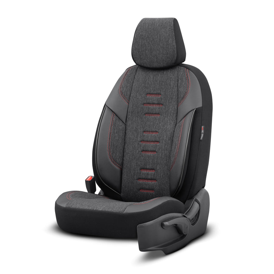 Комплект Луксозна Тапицерия OTOM текстил с еко кожа THRONE Design – Черна с червен шев, за Предни и Задни Седалки