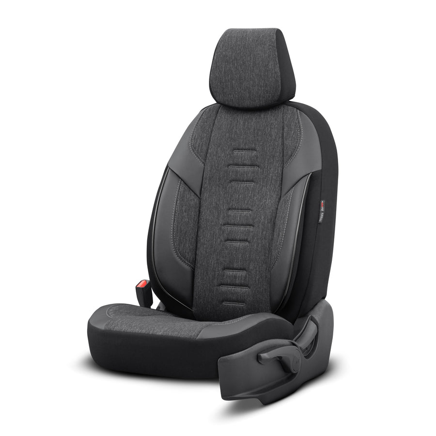 Комплект Луксозна Тапицерия OTOM текстил с еко кожа THRONE Design – Черна със сив шев, за Предни и Задни Седалки