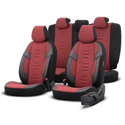 Комплект Луксозна Тапицерия OTOM текстил с еко кожа THRONE Design – Червено-Черна с черен шев, за Предни и Задни Седалки