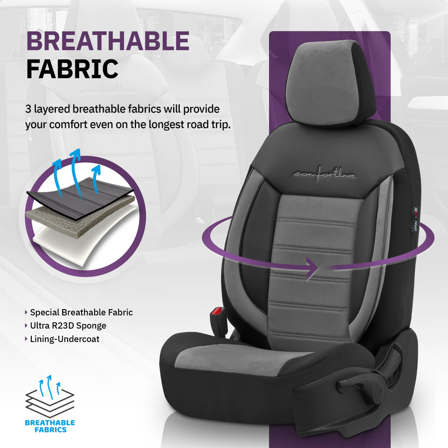 Комплект Луксозна Тапицерия OTOM текстил с еко кожа COMFORT LINE Design – Сиво-Черна със сив шев, за Предни и Задни Седалки