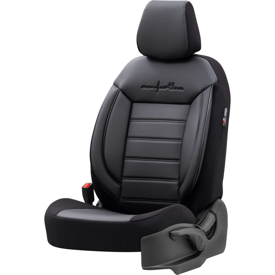 Комплект Луксозна Тапицерия OTOM текстил с еко кожа COMFORT LINE Design – Черна с черен шев, за Предни и Задни Седалки