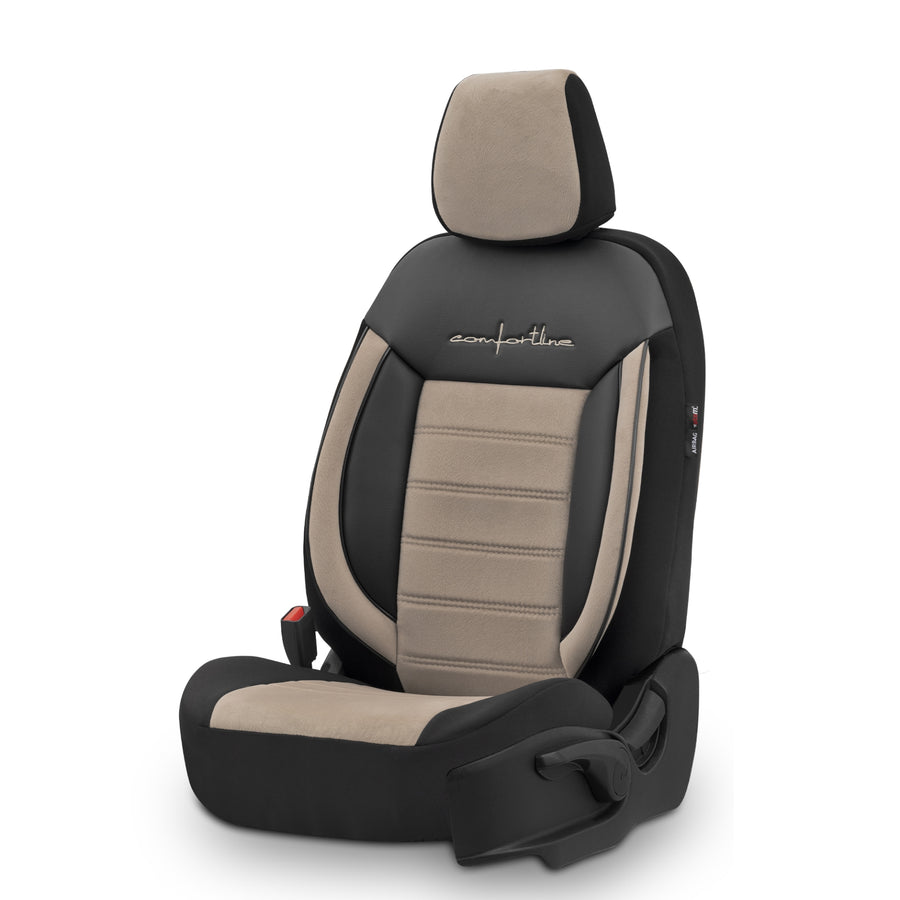 Комплект Луксозна Тапицерия OTOM текстил с еко кожа COMFORT LINE Design – Бежово-Черна с бежов шев, за Предни и Задни Седалки