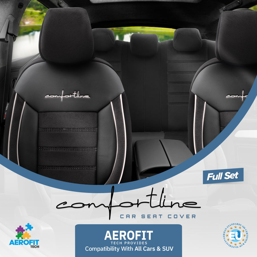 Комплект Луксозна Тапицерия OTOM текстил с еко кожа COMFORT LINE Design – Черна с бял шев, за Предни и Задни Седалки