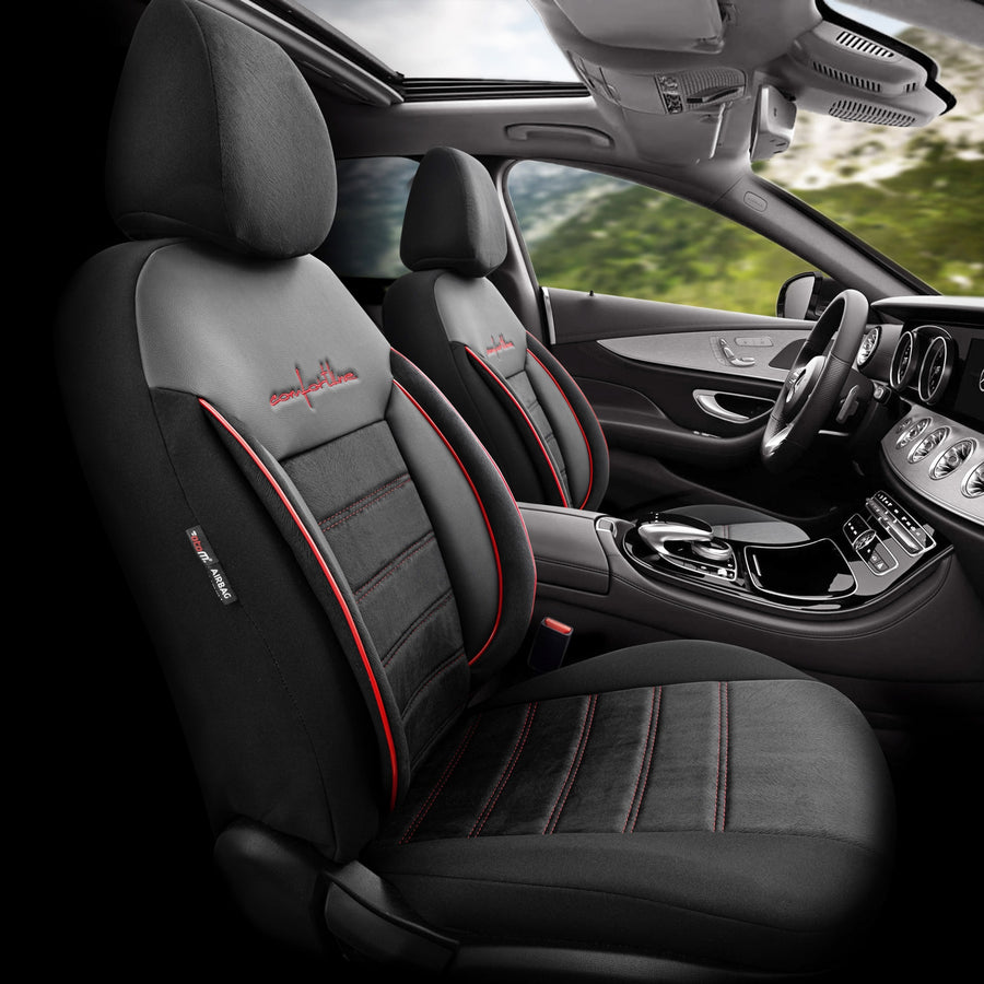 Комплект Луксозна Тапицерия OTOM текстил с еко кожа COMFORT LINE Design – Черна с червен шев, за Предни и Задни Седалки