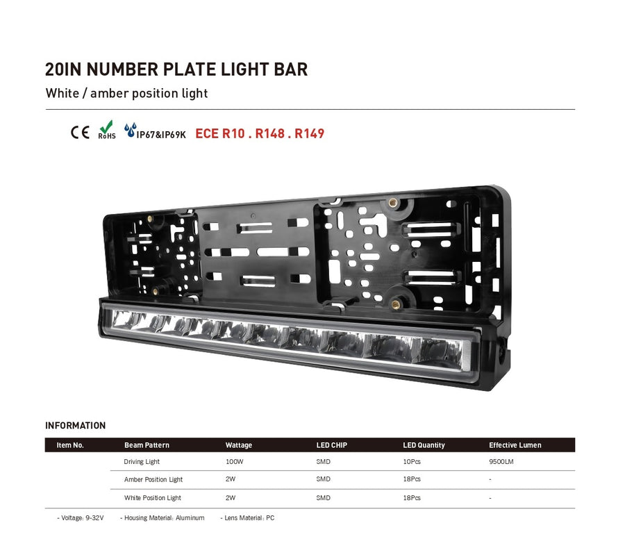 Рамка за Номер с Вграден LED Бар 20 51cm 12v 24v Бяла и Оранжева Дневна DRL Габаритна Светлина