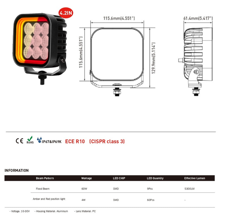 64W LED Халоген Бял, Разпръсната светлина с жълта и червена DRL светлина 12V-24V