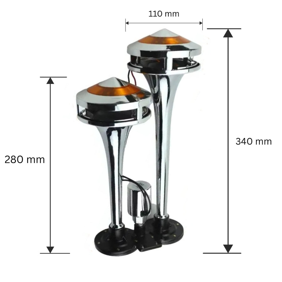 Двойна Тромба клаксон с жълта LED светлина, 300 dB – 12V / 24V