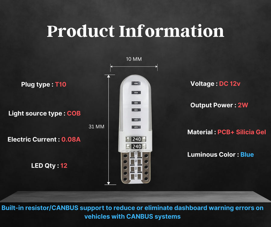 Комплект 2 бр. LED крушки T10 W5W, синя светлина, CANBUS, Silica LED, 12V - блистер