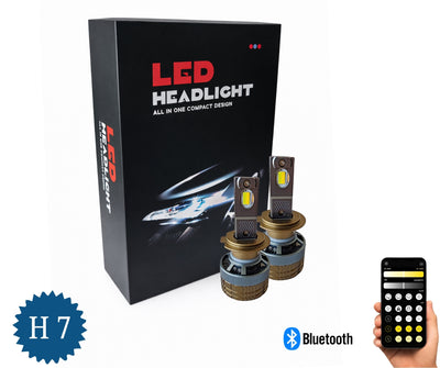 Комплект Smart LED крушки H7 – Два цвята, CSP Dual Color 3500K – 6500K, Bluetooth приложение, CANBUS, 70W, 12–24V