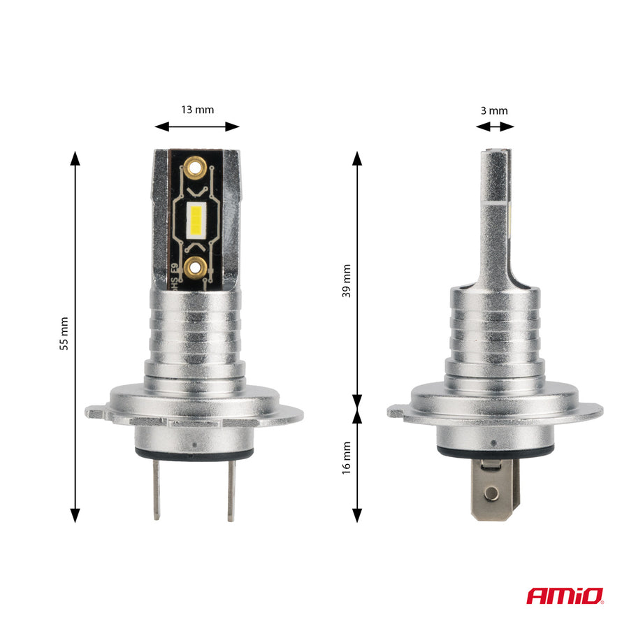 LED Крушки H7 / H18 AMiO H-Mini Series, 42W, 6500K Бяла Светлина, CANBUS, E9 R10, 12V / 24V, Комплект 2 Броя