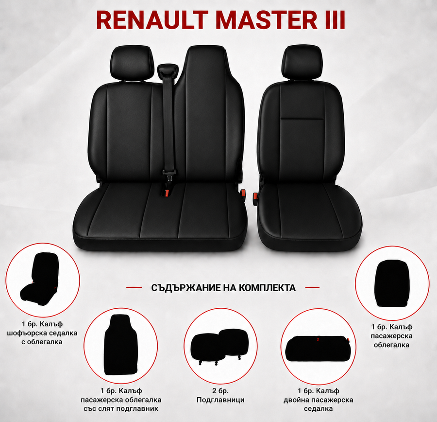 Комплект 2+1 Тапицерия за RENAULT MASTER III 2010-2019 – Еко кожа, Черна, 6 части