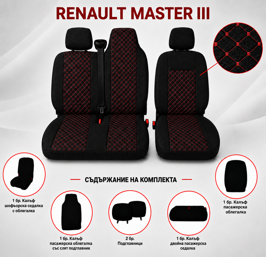 Комплект 2+1 Тапицерия за RENAULT MASTER III 2010-2019 – Текстил, Черна с червен шев, 6 части